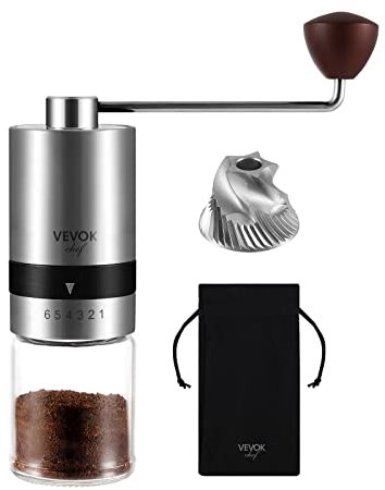 Vevok Chef Moulin à Café Manuel avec 6 Réglages Externes pour Espresso à French Press, Meule Conique en Acier Inoxydable, Idéal pour Maison, Bureau ou Voyages, Argent