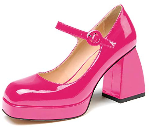 elashe Damen Mary Jane mit Blockabsatz Pumps Runde Zehenpartie Plateau Pumps Rose EU38