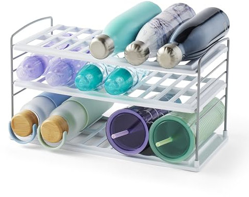 YouCopia UpSpace Water Bottle and Travel Mug Cabinet Organizer, Adjustable Storage Rack for Kitchen Organization, 3-Shelf Wide