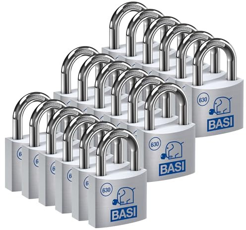 BASI | Vorhangschloss 18er Set | 50 mm | gleichschließend | massives Aluminium-Gehäuse | gehärteter Stahlbügel | sicheres Vorhängeschloss gleichsperrend | Bügelstärke 9 mm | 18 Stück
