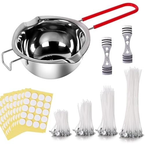Kerzenherstellung Zubehör Schmelztopf,Kerzen Selber Machen Set, 200 Stück kerzendochte für Kerzen, mit 2 Edelstahl dochte für Kerzen Festen Halter (ST-01)