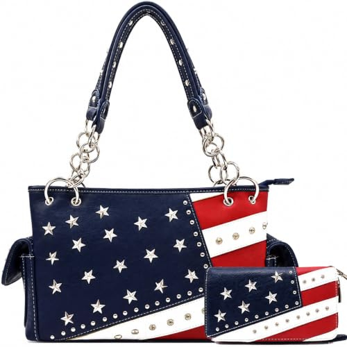 Western Trendy Patriotische amerikanische Flagge Geldbörse und Geldbörse Set für Damen, Marineblaues Set, Large