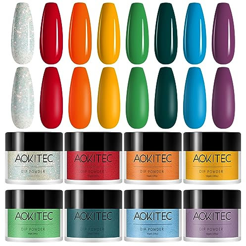 Aokitec 8 Colors Dip Powder Kit, French Powder Pro Collection System Nail Art Starter Manicure Salon DIY at Home, Odor-Free & Long-Lasting, No Nail Lamp Curing