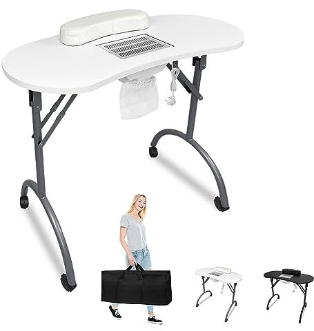 YARDIN Table de Manucure Mobile Pliable Avec Aspiration, Blanche - Aspirateur à Ongles, Roulettes et Coussin de Poignet Pour Poussière - Salon de Manucure, 90 x