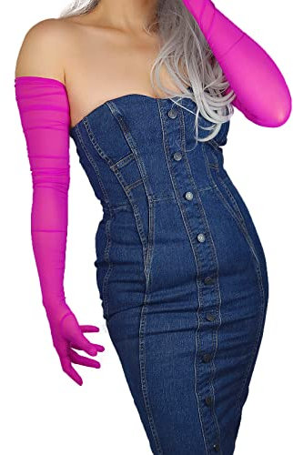 DooWay Damen-Handschuhe, superlang, schwarz, Tech-Touchscreen, dehnbar, Tüll, gerüschte Ärmel, Opern, Abend, durchscheinend, rose pink, 38