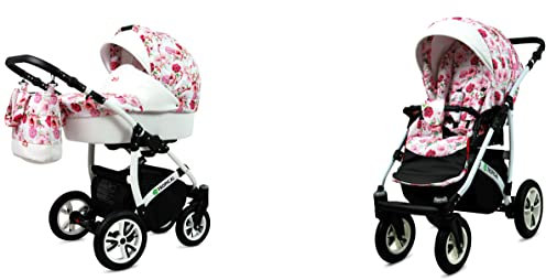 BabyLux Tropical 2-in-1 Bouncing Baby Stroller und Zubehör Kinderwagen Verstellbar und faltbar Aluminium Konstruktion Wasserdicht Nicht abnehmbare Räder Chili Flowers