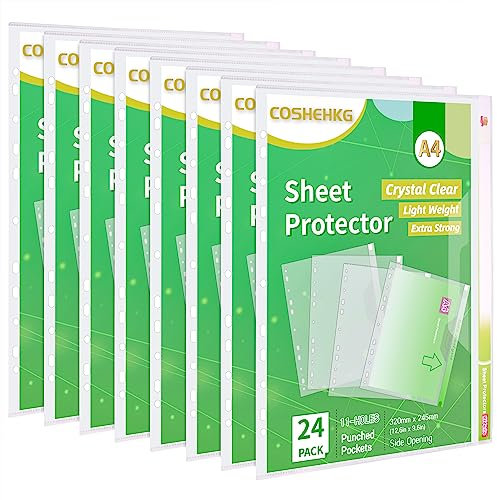 COSHEHKG A4 Prospekthüllen, 24Pcs Klarsichthüllen mit 𝗘𝘁𝗶𝗸𝗲𝘁𝘁 𝗧𝗮𝘀𝗰𝗵𝗲 𝗘𝘅𝘁𝗿𝗮 𝗦𝘁𝗮𝗿𝗸 11 Löcher Wallets, Seite Öffnung Crystal Clear Binder Ordner Hülle für Papier & Dokumente