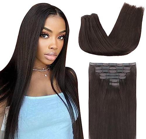 Lashey Clip in Extensions Echthaar Glatt 110g 7 Stück Nahtlose Clip in Haarverlängerung #2 Dunkel Braun Remy Menschliches Haar 35cm(14 Zoll)