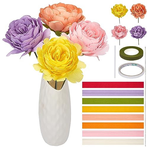 ORIGACH 25 Stück DIY Blumen Krepppapier Pfingstrose Kit, handgemachte Krepppapier Pfingstrose Handwerk Kit für Haus Dekor, enthalten Krepppapier, Florist Draht, Heißkleber Stick und Anleitung