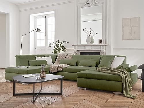 Lisa Design Vermont - Wohnlandschaft mit Ecke links - 7 Sitzplätze - mit Schlaffunktion - aus Stoff Salbeigrün