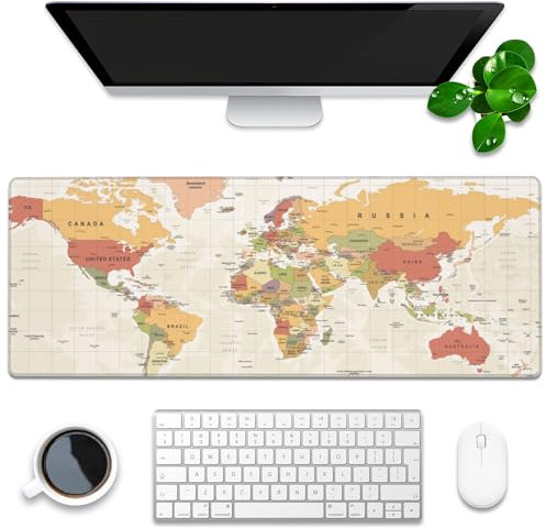 Desk Mat, Yellow Vintage World Map Extended Gaming Mouse Pad Large, 31.5x11.8 Big Mouse Pad with Non-Slip Base and Stitched Edge, Long Computer Keyboard Mouse Mat for Home Office Work
