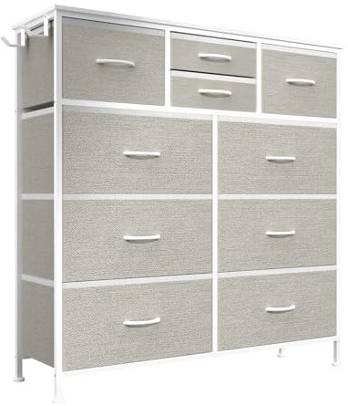 MYHMCT Chest of Drawers, 10-Drawer Fabric Dresser with Wood Top & Metal Frame, Sturdy Storage Organizer for Bedroom, Kids Room, Living Room, Closet - Easy Assembly (Light Grey and Whit)