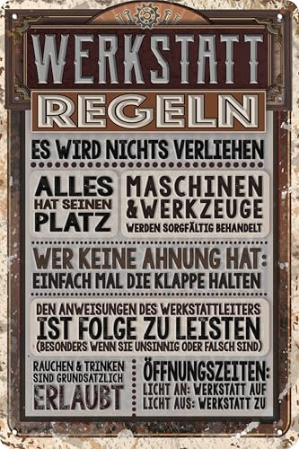 LUCKYLINDE Blechschild für WERKSTATT und GARAGE – lustiger Spruch, Werkstattregeln, Handwerker und Schrauber Deko Schild, 20x30cm (Regeln)