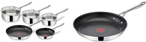 Tefal Jamie Olivers Cook's Direct Inox Batterie de cuisine 8 pcs & Jamie Oliver Cook's Direct Inox Poêle 24 cm, Induction, Revêtement antiadhésif, Indicateur de cuisson, Poignée sûre rivetée