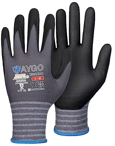 KAYGO Arbeitshandschuhe für Herren 3 Paar, Mikro Schaum Nitril beschichtet Atmungsaktiv Nylon Schutzhandschuhe, Antirutsch Grip Leicht Ölbeständig, Ideal für Auto Arbeit, KG18N (Schwarz, M, Gr 8)