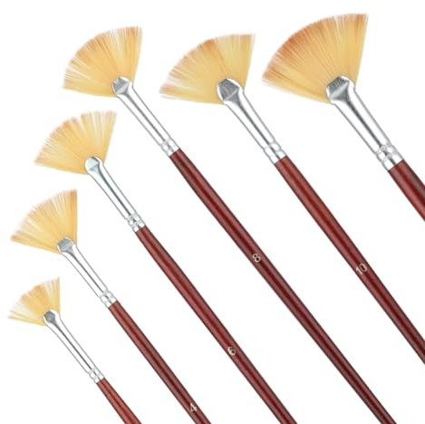 Prasacco 6 Pieces Artist Fan Paint Brush Set, Professional Acrylic Paint Brushes with Nylon Hair DIY Craft Long Wood Handle Fan Paint Brushes for Acrylic Watercolor Oil Painting, Rock Painting