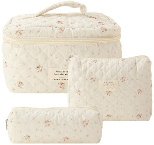 Ensemble de Trousse de Toilette de Voyage 3 pcs pour Femmes, Trousse à Cosmétiques Matelassée à Fermeture éclair, Sac de Rangement Cosmétiques Pratique (Petites Fleurs sur Fond Blanc)