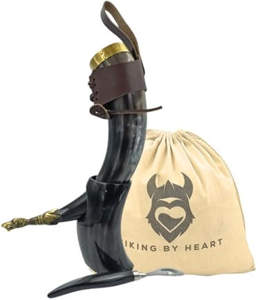Viking By Heart Authentic Vikings Drinking Horn with Brass Rim, Horn Stand, Bottle Opener, and Adjustable Strap Holder, Cotton Drawstring Bag Included, Handcrafted Horn Mug Unique Beer Gift for Men