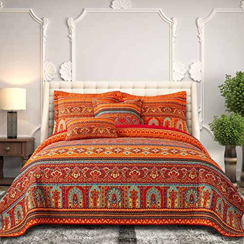 BEDIFANY California-King-Steppdecken-Set aus Baumwolle, leichte Boho-Tagesdecke, in Übergröße, bunt, gestreift, (274 x 300 cm) für Bettdekorationen, Tagesdecke, 3-teilig