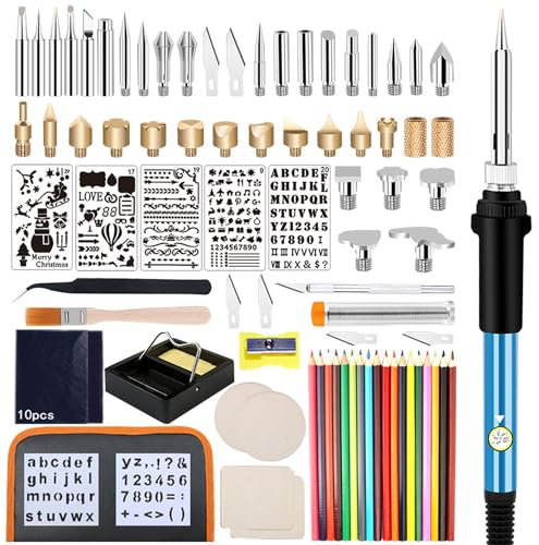 BDJSN Kit de Pluma de pirografía de 90 Piezas, Juego de Herramientas de Pluma de leña de 60 W con Temperatura Ajustable de 200~450 °C, Accesorios de Hierro para soldar y Grabar para tallar en Relieve