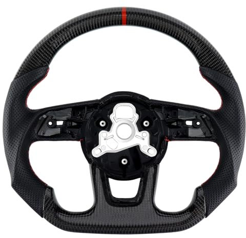 Acclcors Carbonfaser-Lenkrad, Rotes genähtes Lederlenkrad mit perforiertem Ledergriff, für Fahrzeuge mit original D-Lenkrad, für Audi S3 S4 S5 RS3 RS4 RS5 RS6 2017-2020