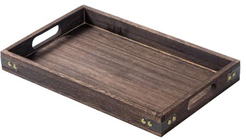 Budesoko Vassoio da portata medio in legno con manici, vassoi rettangolari vintage per posizionare cibo, tè, caffè, colazione, soggiorno, cucina, marrone scuro, 35 x 24,5 x 4 cm
