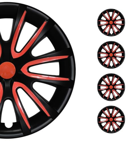 OMAC 4X Radkappen Radzierblenden Radblenden 14 Zoll Stahlfelgen Matt Schwarz-Rot