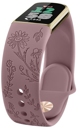 AK für Fitbit Charge 6/Fitbit Charge 5 Armband Damen Herren, Weiches Wasserdichtes Silikon Armbänder Gravierter Ersatzarmband mit floralem Muster für Fitbit Charge 5/Fitbit Charge 6
