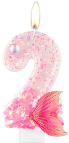 Glitter 2 Number Candle with Mermaid Tail, Pink Number 2 Candle for Cake, Boys & Girls 2nd Birthday Decorations, Mermaid Themed Party Supplies
