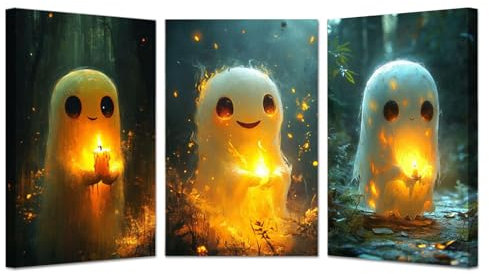 JOSUE Set 3 Teilig Gold, weiß Halloween Deko Bilder Poster Leinwand Bilder, Niedlicher Geist Bilder Wanddekoration Wohnzimmer Schlafzimmer Wanddeko-60x80cmx3 Gerahmt