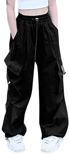 Cargohose für Mädchen, lässig, hohe Taille, Kordelzug, lockere Passform, Taschen, Kinder-Cargo-Jogginghose Jogging Hose Mädchen 146