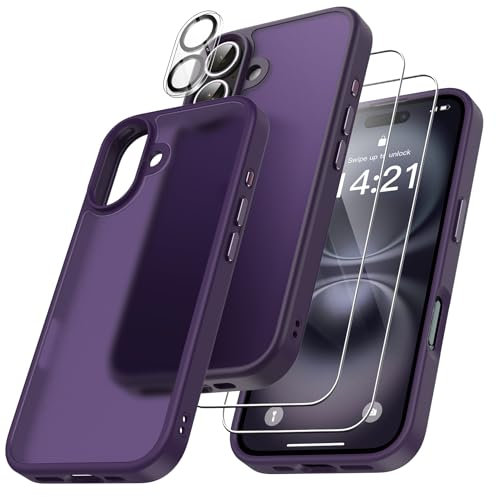 FLLAO 4 en 1 Coque pour iPhone 16 avec 2 Verre Trempé et 1 Caméra Protecteur, [Coussin d'air Intégré] Antichoc Antirayures Bumper Protection Housse pour iPhone 16 6.1, Violet foncé