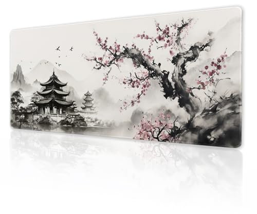 Japanisches Mauspad, Anime, erweitert, Kirschblüte, großes XL-Mauspad, rutschfeste Gummiunterseite, genähte Kanten, Lange Tastaturunterlage für Schreibtisch, Gaming, Laptop, Desktop, 80 x 30 cm