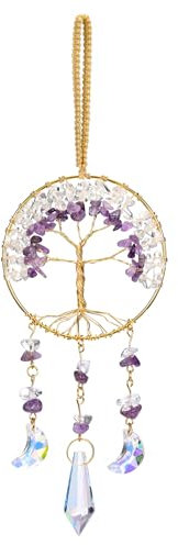 CrystalTears Crystal Tree Life Hanging Ornament Handmade Amethyst Clear Quart Healing Crystal Gemstone Glass Suncatcher for Home Window Wall Decoration Crystals Gifts for Women Men Friends