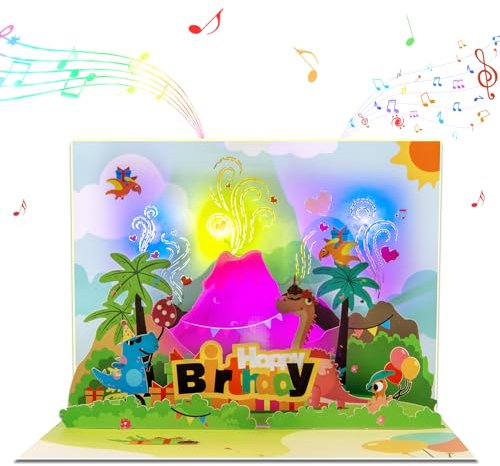 GREETING ART Pop-Up Karte Dinosaurier, Happy Birthday Geburtstagskarte mit Musik und Licht 3D Vulkan-Dino Karte Geburtstag Geschenke für Kinder Junge Freundin
