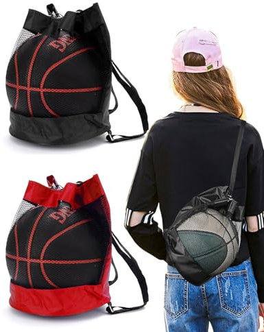 LOZTBUE Borsa da basket in 2 pezzi, borsa per palloni pieghevole con coulisse, zaino da calcio multifunzionale, rete da tennis/pallavolo portatile (rosso e nero)