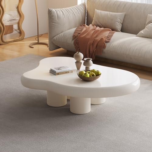 Miuuod Cloud Table basse pour le salon, table centrale moderne à 4 pieds, table de finition irrégulière avec plateau lisse, table à thé unique, montage facile (blanc)