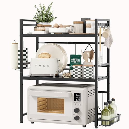 NETEL Expandable Microwave Shelf,3-Tier Microwave Stand with spice basket and kitchen roll holder,Microwave Oven Rack with 8 Hooks,Bakers Rack,Kitchen Countertop Organiser