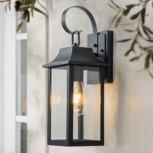 FTL Outdoor Wall Lantern Lights, Large Matte Black Outside Porch Light, E27 Exterior Wall Light Fixture with Clear Glass, IP44 Waterproof Front Door Lighting, Patio Sconces for Garden, Entryway