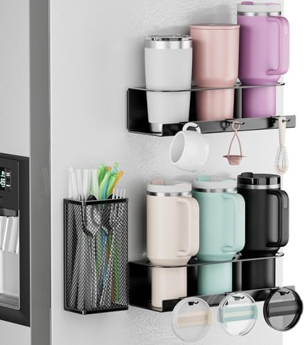 Magnetic Cup Holder for Stanley 20/30/40oz - 2 Pack Tumbler Organizer for Refrigerator - Water Bottle Organizer with Straw Basket & 6 Hooks Tumbler Cup Lids Accessories Storage Black