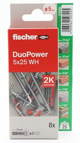 fischer - Duopower 5x25 Con Alcayata - 8U, Tacos para pared multimaterial, sirven para Colgar Bicicletas, Cuadros, Armarios, Soportes de Televisión, Estanterías, Muebles.
