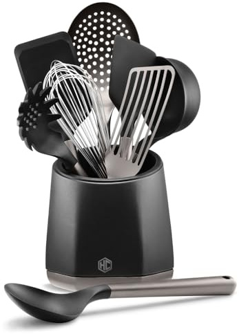 HexClad 9-Piece Kitchen Utensil Set, 9 Stainless Steel & Silicone Tools with a Fingerprint-Resistant Metallic Finish, Heat-Resistant to 232°C, Dishwasher-Safe, Includes Non-Slip Ceramic Crock Holder