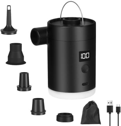 HOTUT Inflador Electrico, Bomba de Aire Eléctrica Portátil, Bomba de Aire Eléctrica para Inflables, con Luz de Camping Inflado Rápido Desinflado, para Piscinas, Barcos, Colchones Inflables o Camping