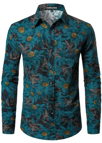 PARKLEES Men's Cotton Linen 70s Disco Retro Traditional Pattern Printed Long Sleeve Button Down Shirt