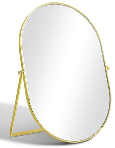 TSKDKIT Kosmetikspiegel Ovaler Schminkspiegel Mit Metallrahmen Gold Chrom | 31L cm x 22.5W cm Tragbar Tischspiegel Standspiegel für Tisch, Badezimmer, Kommode, Wohnzimmer, Schlafzimmer, Büro