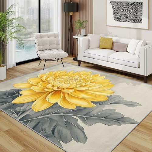 TerroVee Chrysantheme Teppich Schlafzimmer, Gelb Blumen Teppich 120x170 cm, Blüte Aquarell Waschbar Kurzflor Antirutsch Teppiche Für Wohnzimmer Schlafzimmer, Gelb Hellgrau
