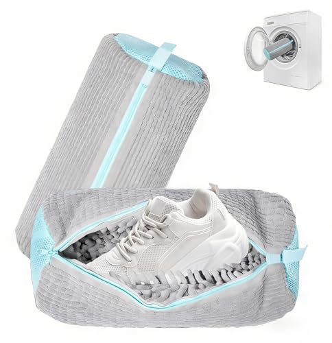 Senshuomy 2 Pack Grey Mesh Shoe Laundry Bags with Zipper, 360° Chenille Microfiber Shoe Cleaner Bags for Mesh, Canvas, Casual, Running Shoes