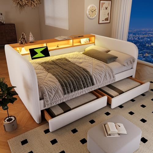 Yihomfy Polsterbett Tagesbett 140x190 cm, Doppelbett Schlafsofa mit USB-C Ladefunktion, Bettgestell mit Lattenrost, Jugendbett Schlafsofa mit 2 Schubladen und Stauraum-Kopfteil, Leinen, Ohne Matratze