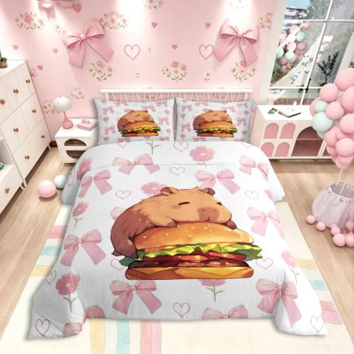 Homewish Kawaii Bowknot Capybara Bettwäsche 135x200 Schleife Rosa Mädchen Liebe Blumen Capybara Bettbezug Jugendliche Leckere Burger Jungen Bettwäsche Set Cartoon Tiere Enthusiast Prinzessin Bedding