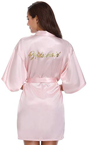 Vlazom Peignoir Satin Femme Robes de Chambre et Kimonos de Mariée Robes de Chambre Soie Court Kimono Col V avec Ceinture,Rose For Bridesmaid,XL
